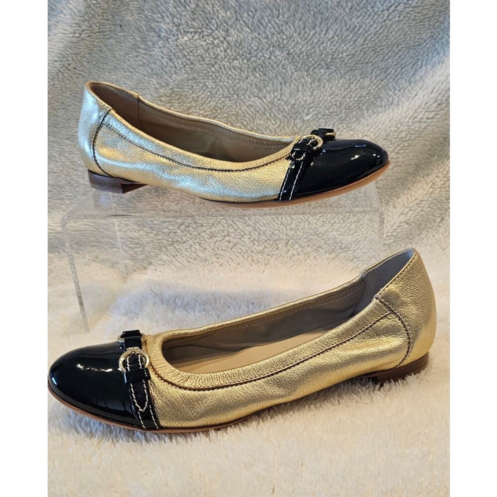 NEW AGL Monika Cap Toe Leather Slip On Ballet Flats Women EU 37 7 Gold Black‎